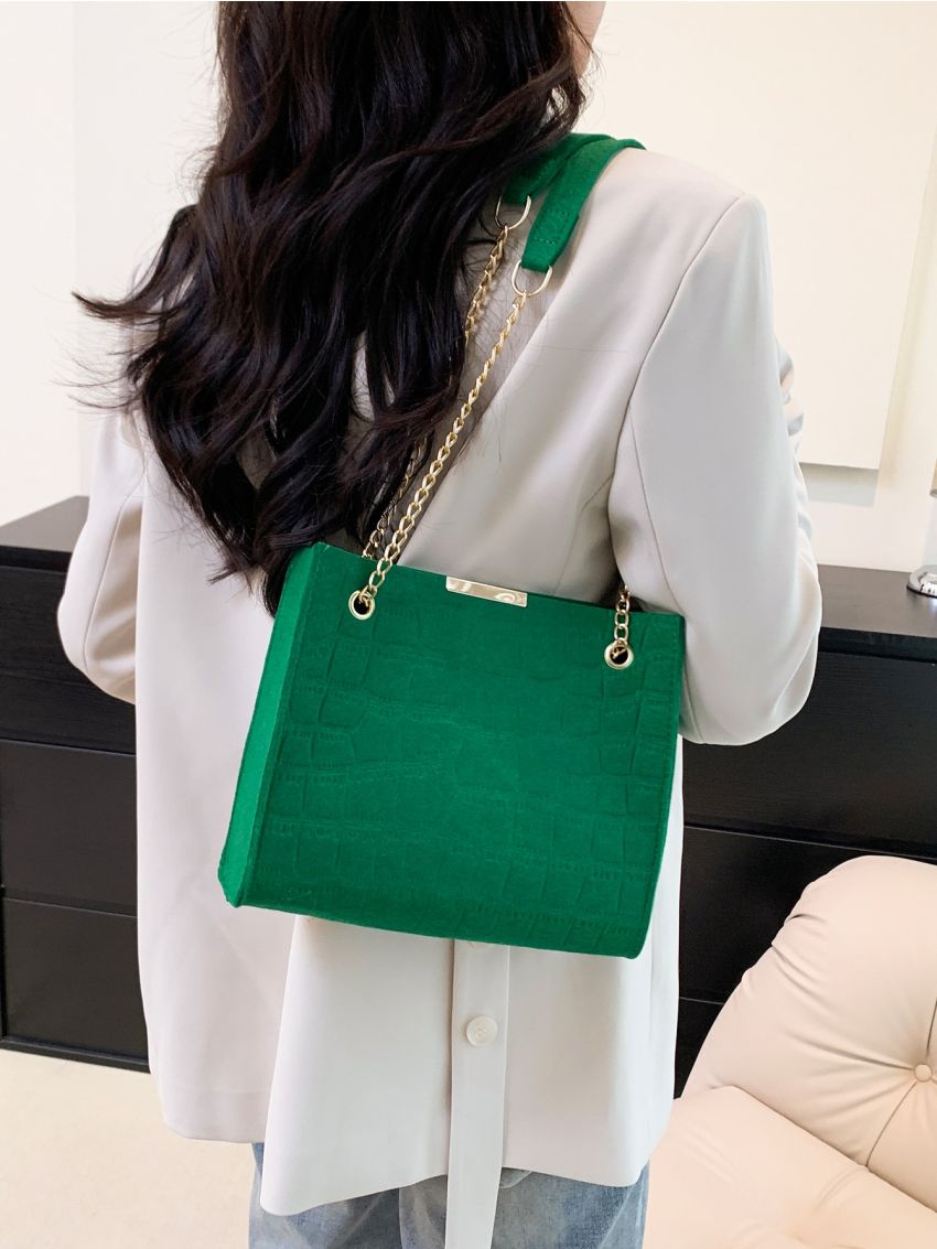 Crocodile Embossed Chain Square Bag