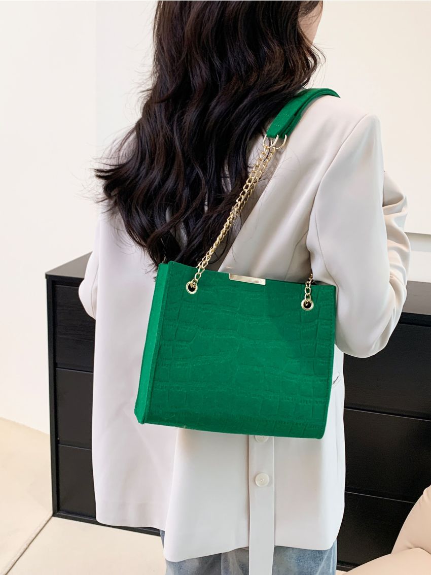 Crocodile Embossed Chain Square Bag