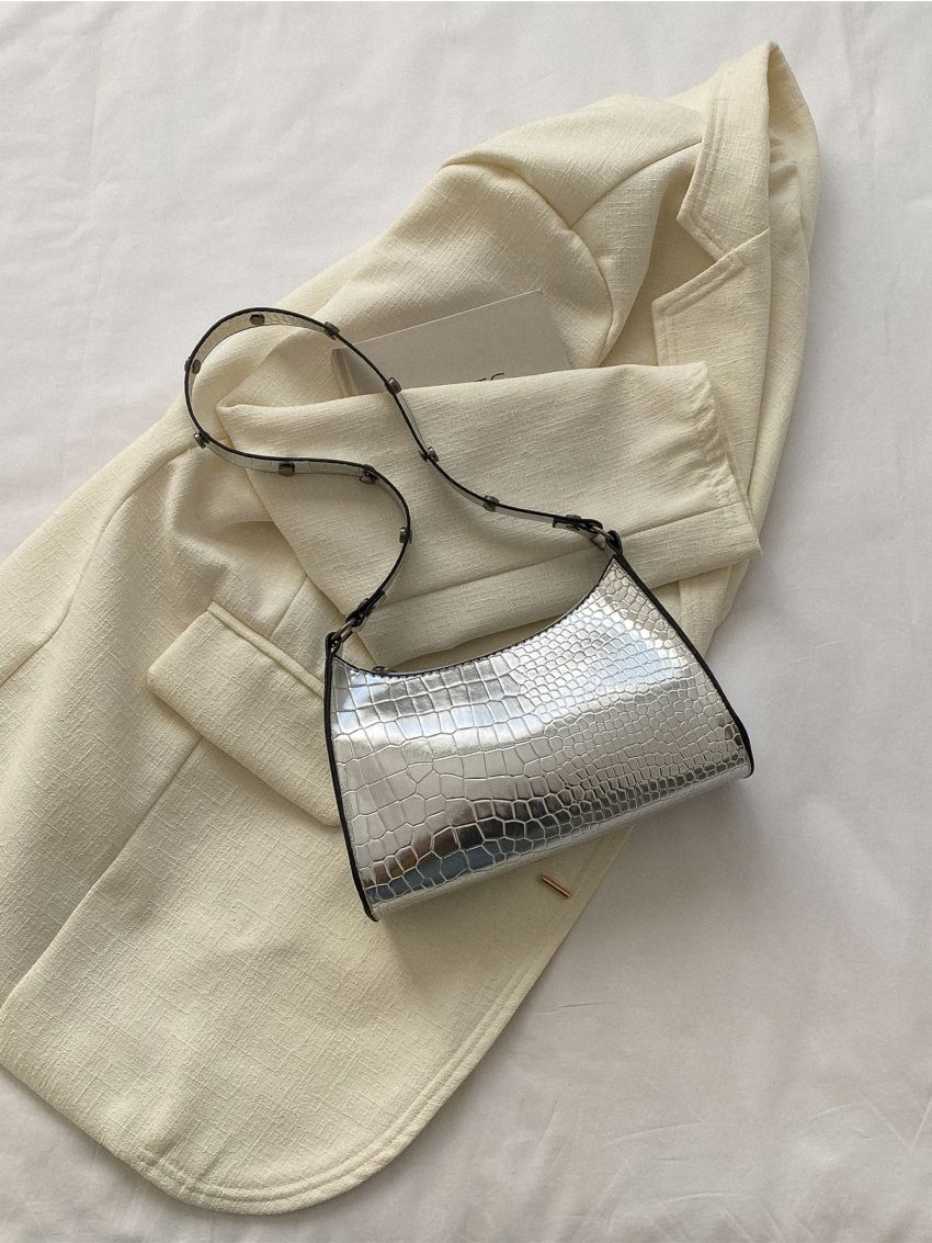 Metallic Crocodile Embossed Baguette Bag