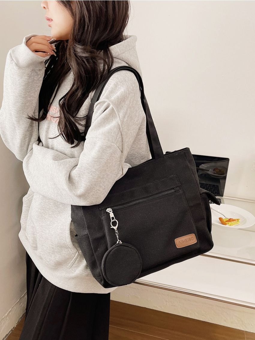 Letter Patch Decor Shopper Bag With Coin Purse