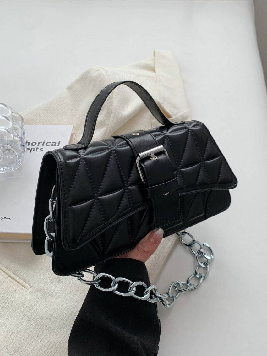 Quilted Buckle Decor Flap Baguette Bag