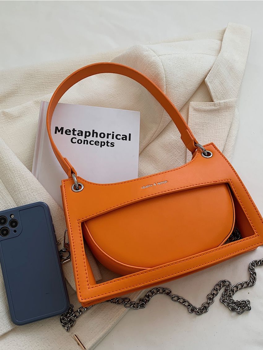 Letter Graphic Chain Decor Baguette Bag