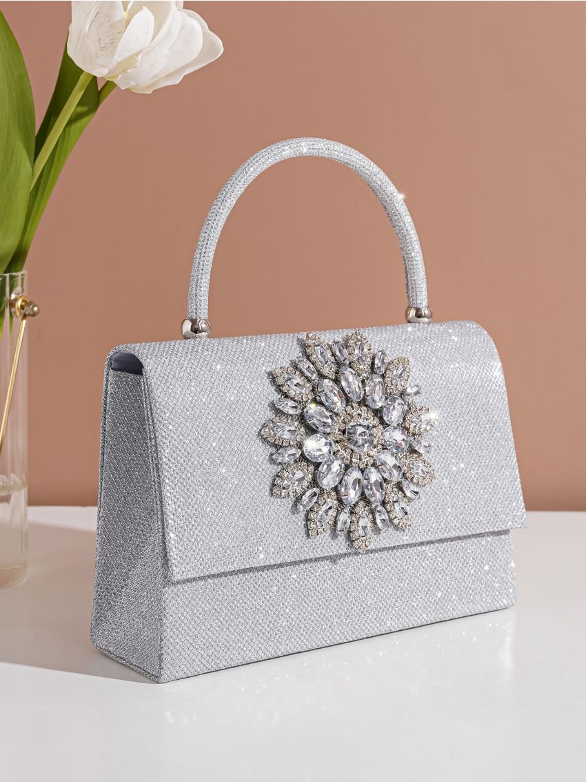 Glitter Rhinestone Decor Flap Square Bag
