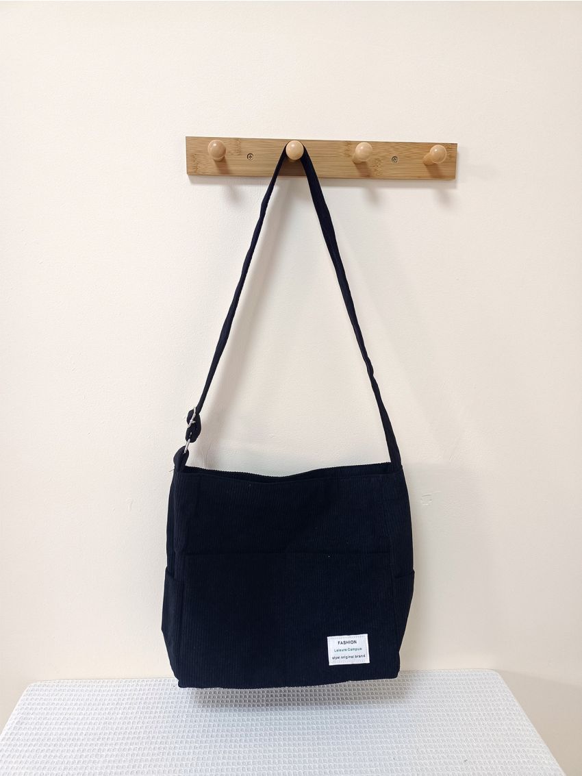 Letter Patch Decor Corduroy Square Bag