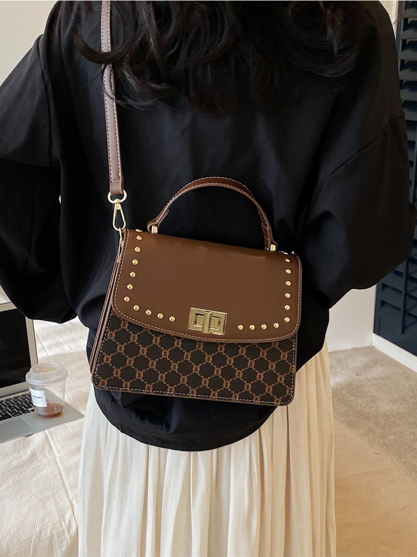 Geometric Pattern Studded Decor Flap Square Bag