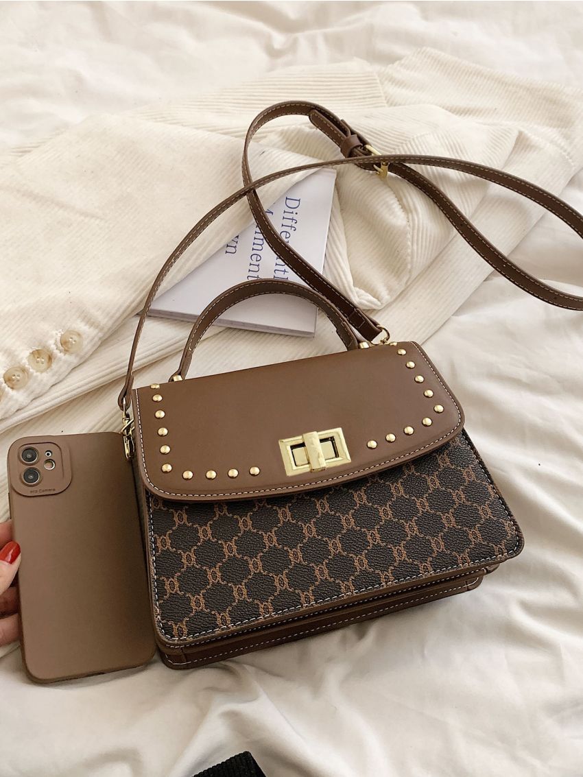 Geometric Pattern Studded Decor Flap Square Bag