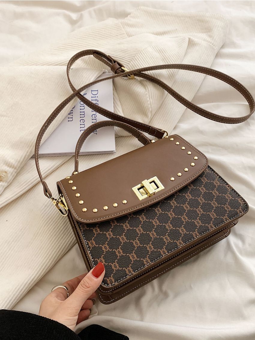 Geometric Pattern Studded Decor Flap Square Bag