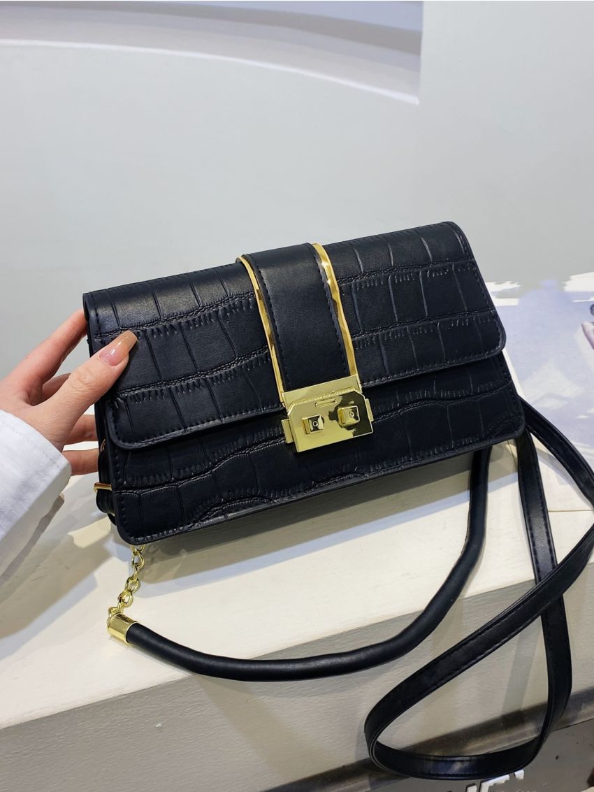 Crocodile Embossed Flap Baguette Bag