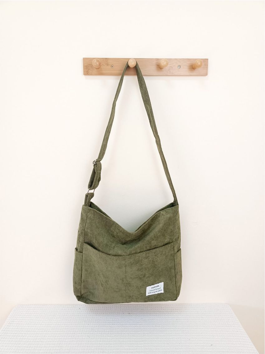 Letter Patch Decor Corduroy Hobo Bag