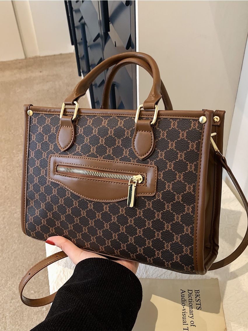 Geometric Graphic Zip Front Square Bag Women's Vintage Pattern Tote Bag, Large Capacity Shoulder Bag, Stylish Bag For Work