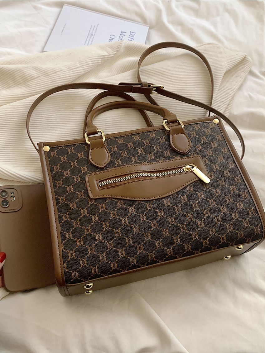 Geometric Graphic Zip Front Square Bag Women's Vintage Pattern Tote Bag, Large Capacity Shoulder Bag, Stylish Bag For Work