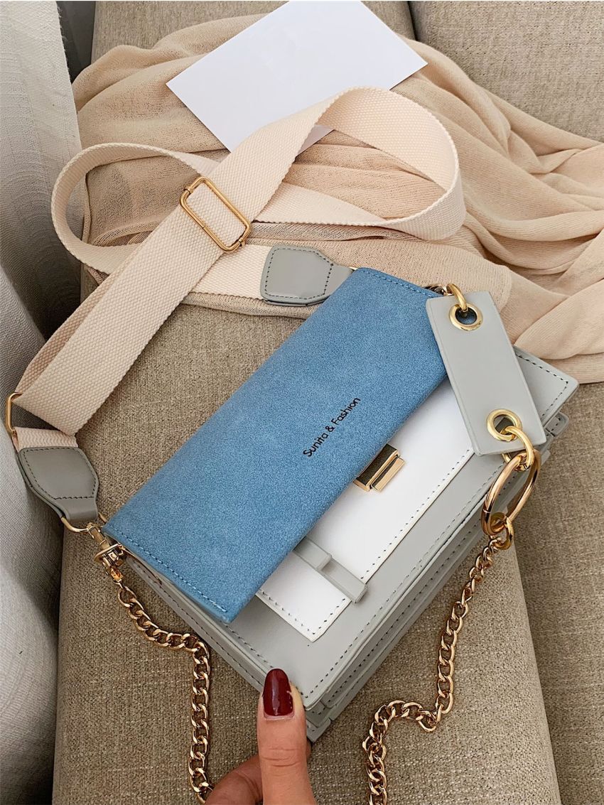 Letter Graphic Flap Chain Square Bag