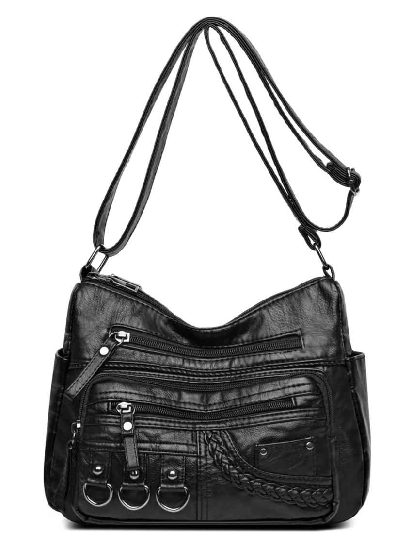 Braid Detail Crossbody Bag, Fashion Metal Decor Crossbody Bag, Women's Soft Artificial Leather Purse With Multi Zipper