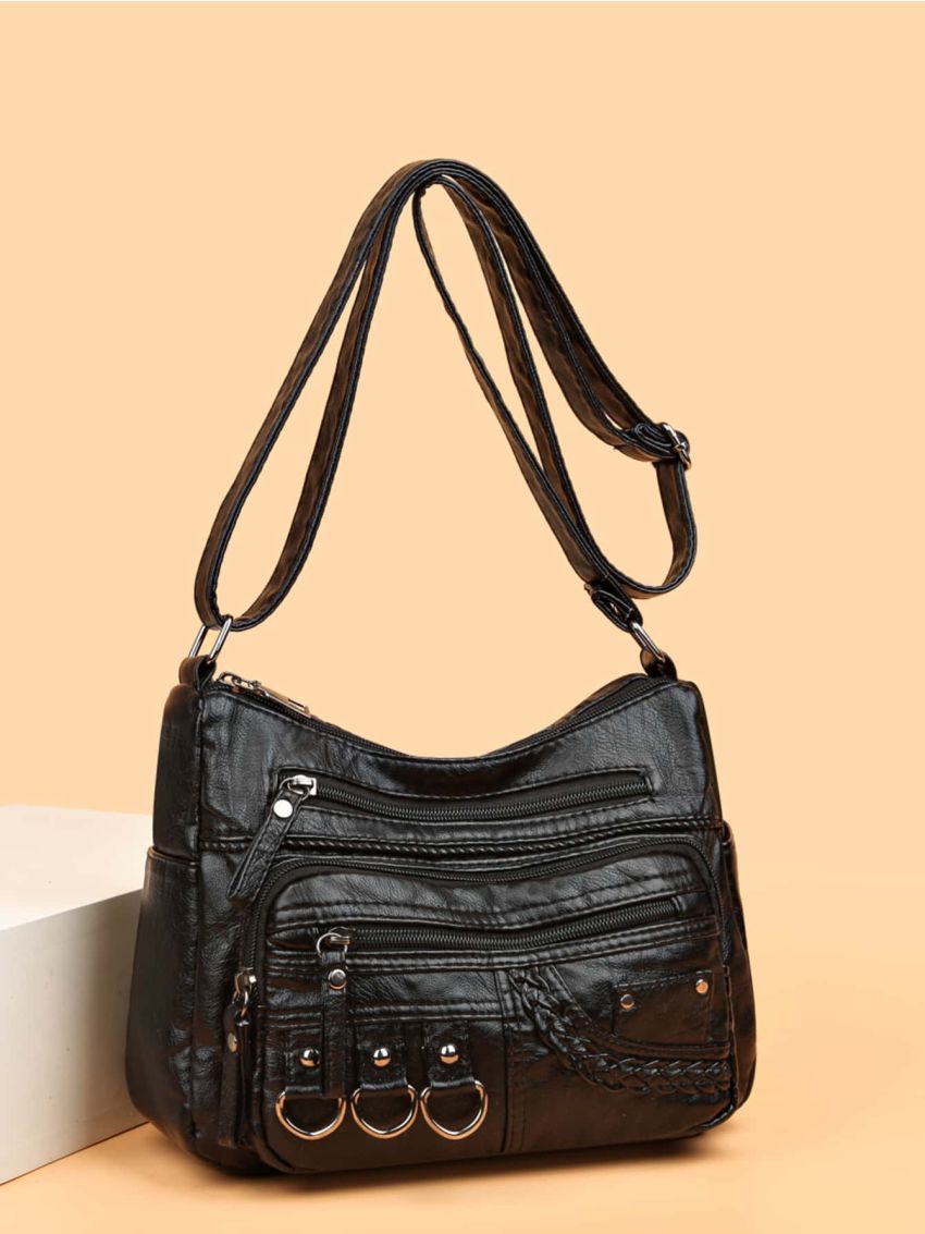 Braid Detail Crossbody Bag, Fashion Metal Decor Crossbody Bag, Women's Soft Artificial Leather Purse With Multi Zipper