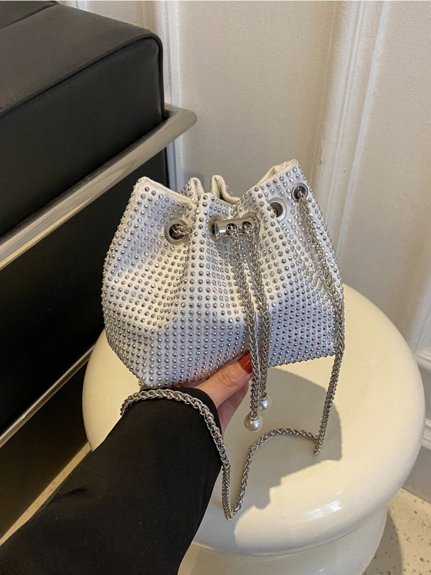 Mini Rhinestone Decor Drawstring Design Chain Bucket Bag