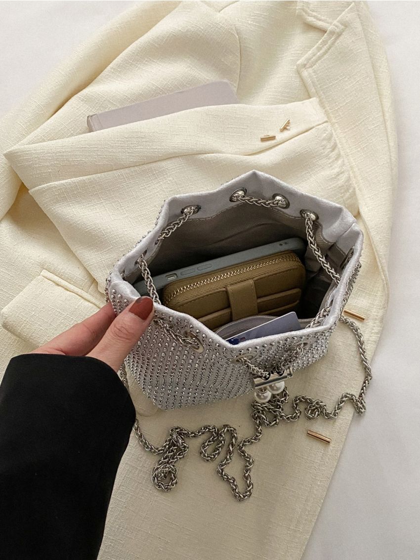 Mini Rhinestone Decor Drawstring Design Chain Bucket Bag
