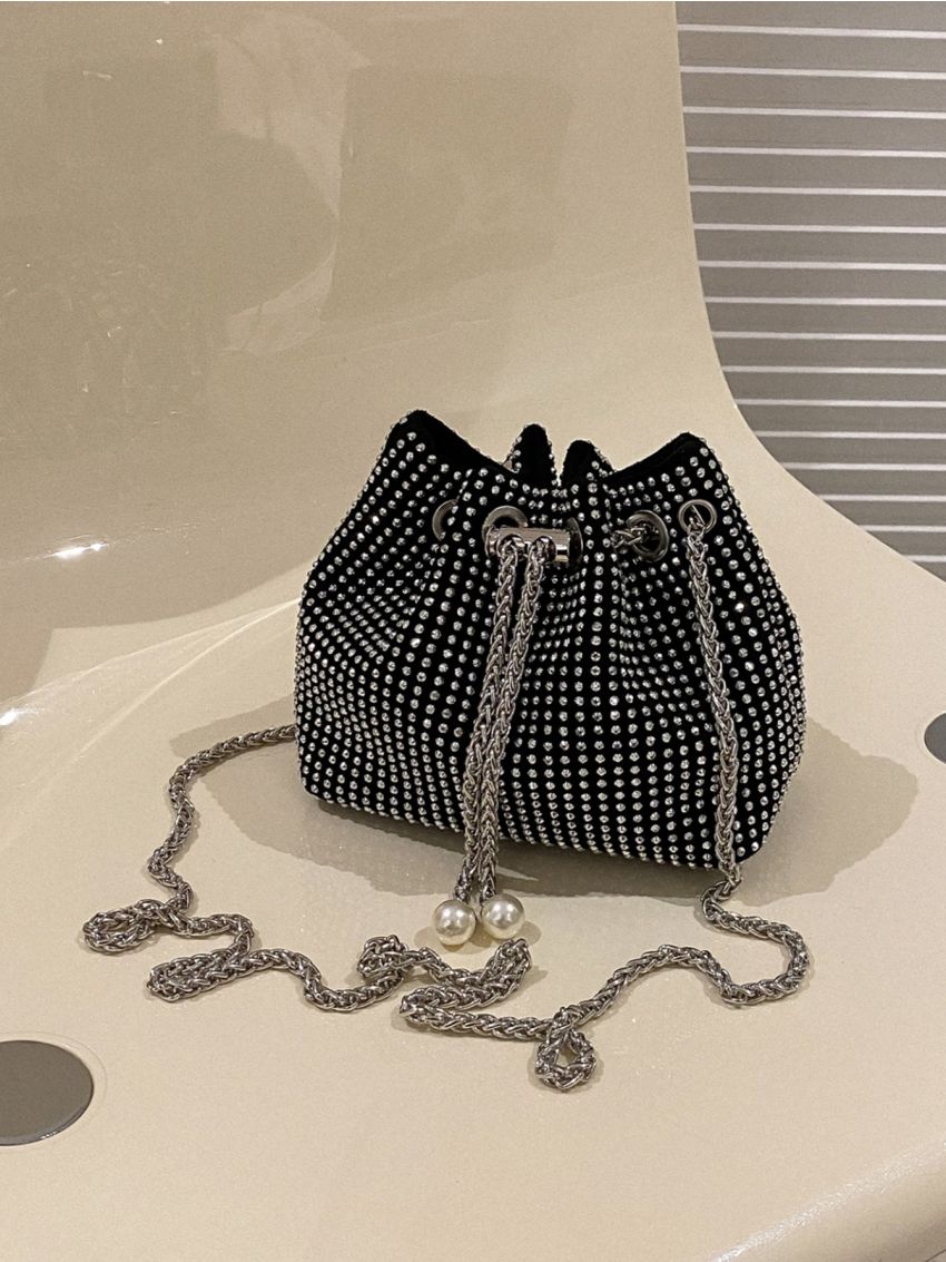 Mini Rhinestone Decor Drawstring Design Chain Bucket Bag