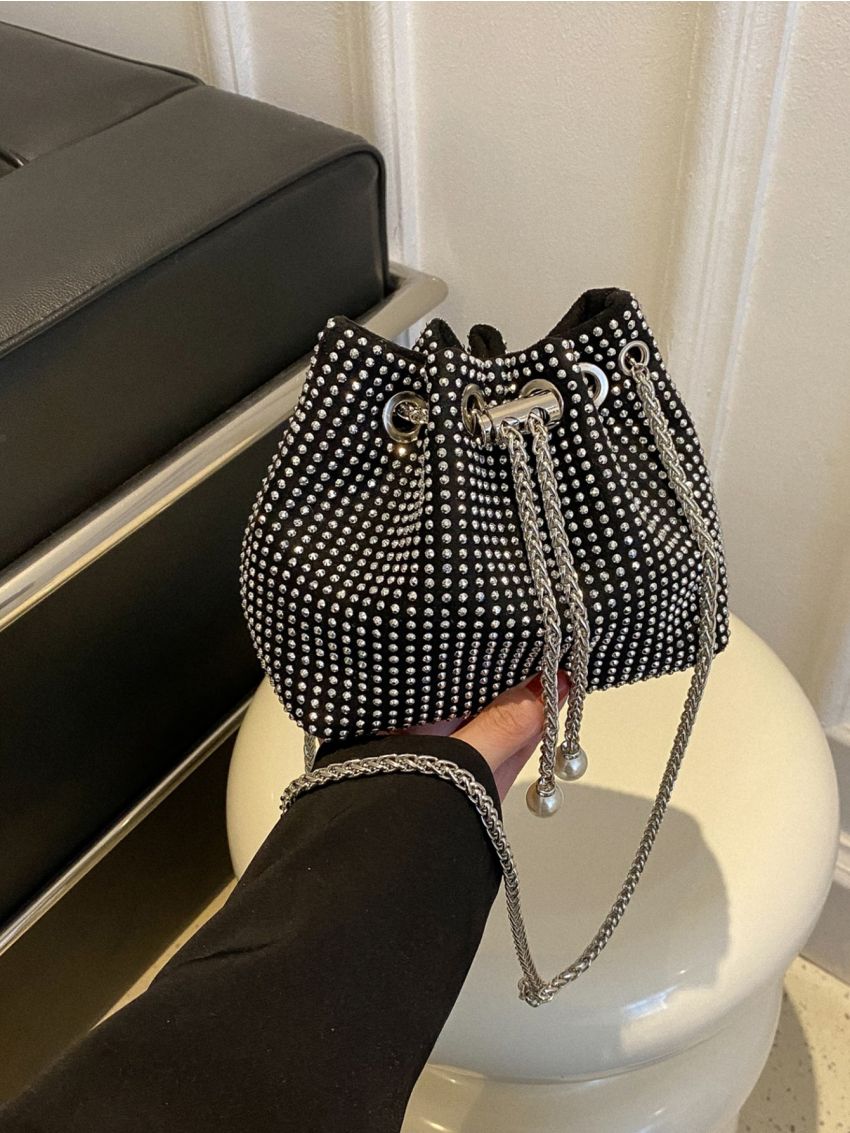 Mini Rhinestone Decor Drawstring Design Chain Bucket Bag