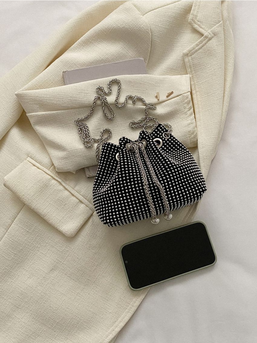 Mini Rhinestone Decor Drawstring Design Chain Bucket Bag