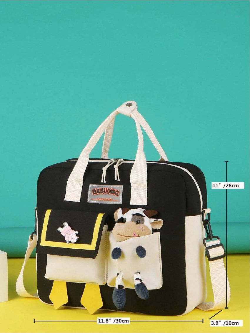 Random Badge Decor Classic Backpack Polyester Cow Decor Preppy For School