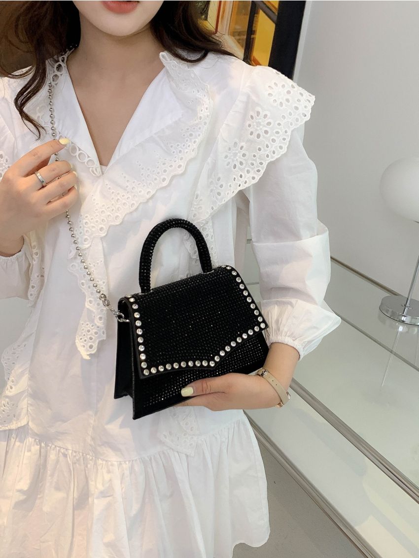 Rhinestone Decor Top Handle Flap Square Bag