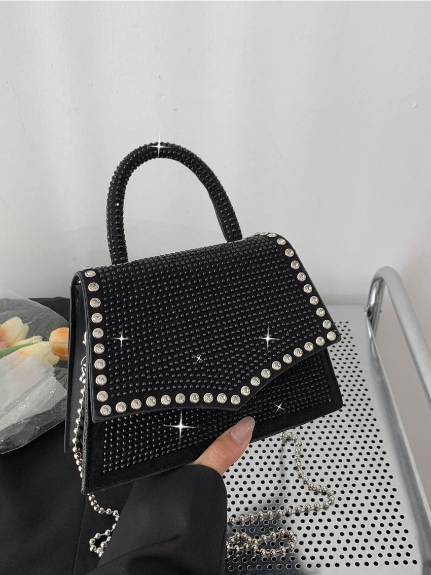 Rhinestone Decor Top Handle Flap Square Bag