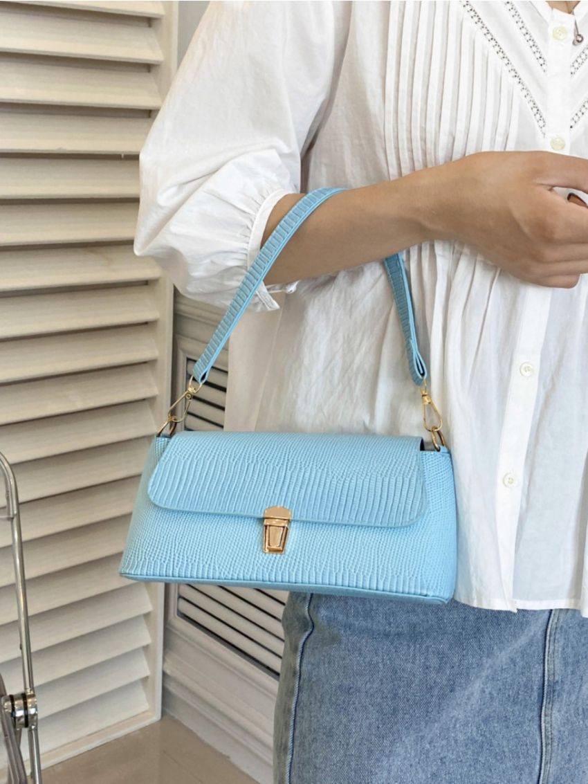 Metal Lock Flap Baguette Bag