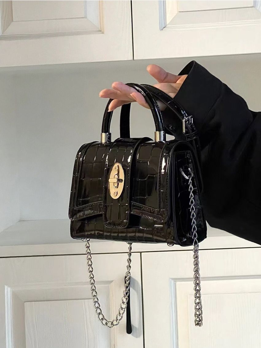 Crocodile Embossed Twist Lock Flap Chain Square Bag