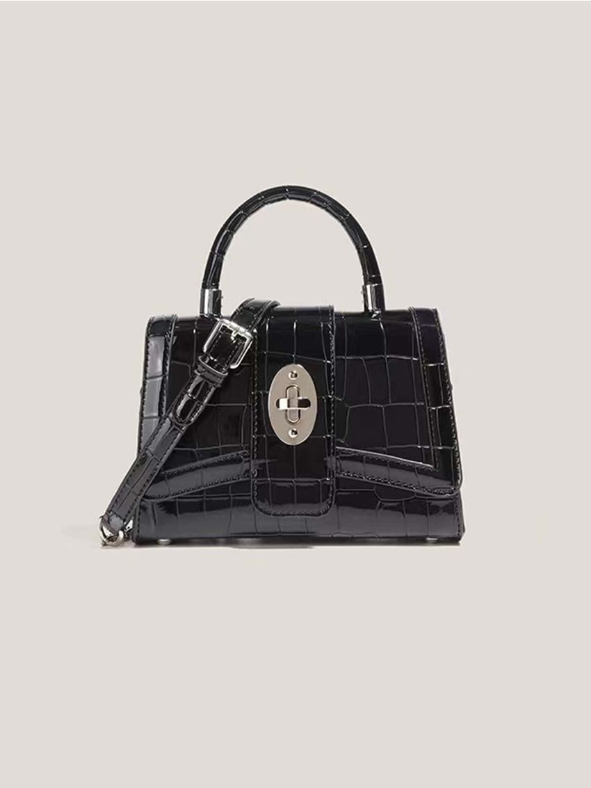 Crocodile Embossed Twist Lock Flap Chain Square Bag
