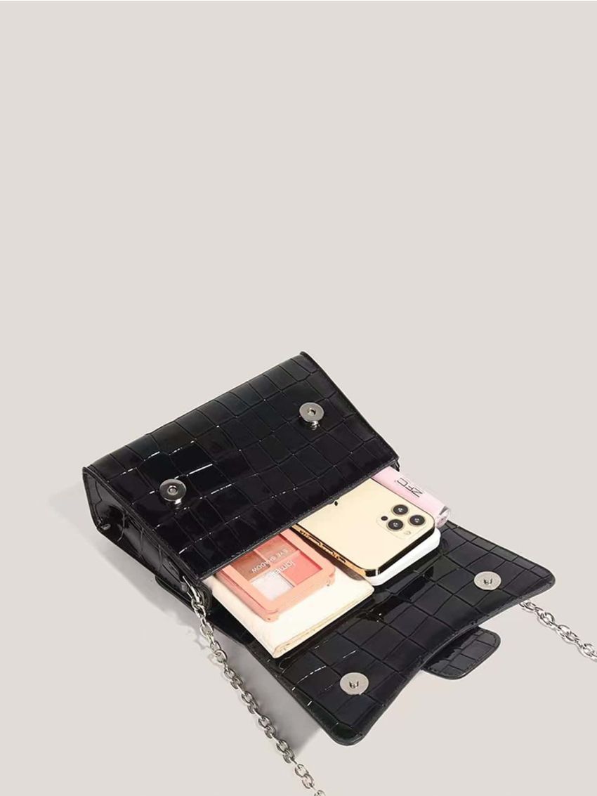 Crocodile Embossed Twist Lock Flap Chain Square Bag