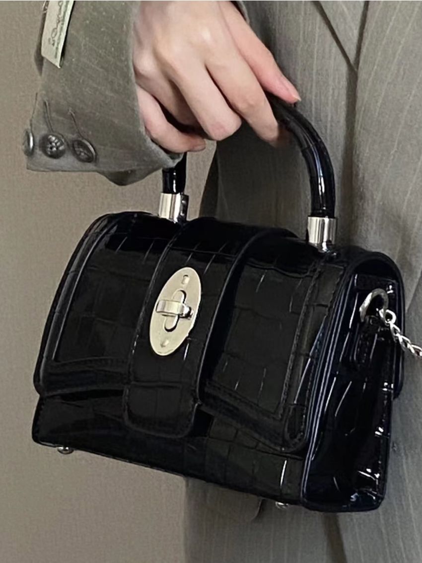 Crocodile Embossed Twist Lock Flap Chain Square Bag