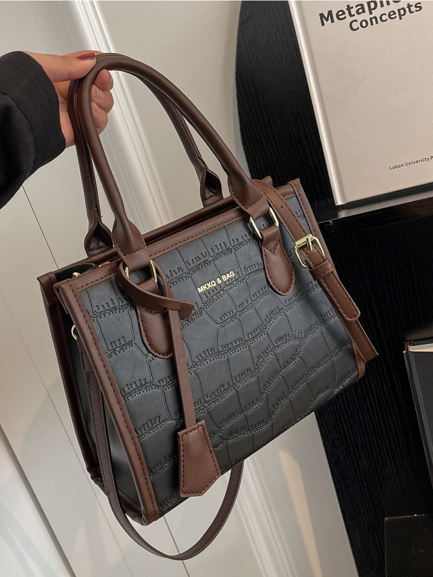 Crocodile Embossed Letter Graphic Square Bag