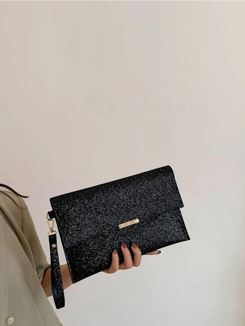Sequin Metal Decor Flap Envelope Bag