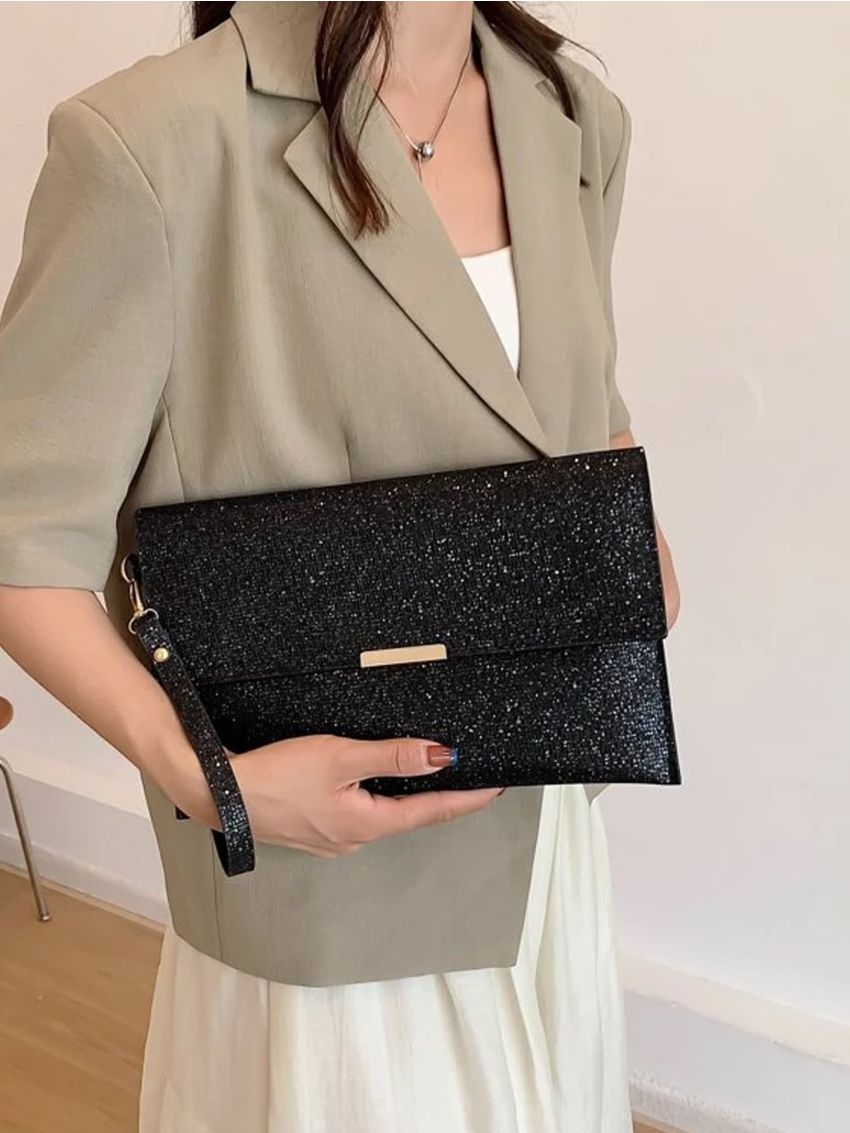 Sequin Metal Decor Flap Envelope Bag