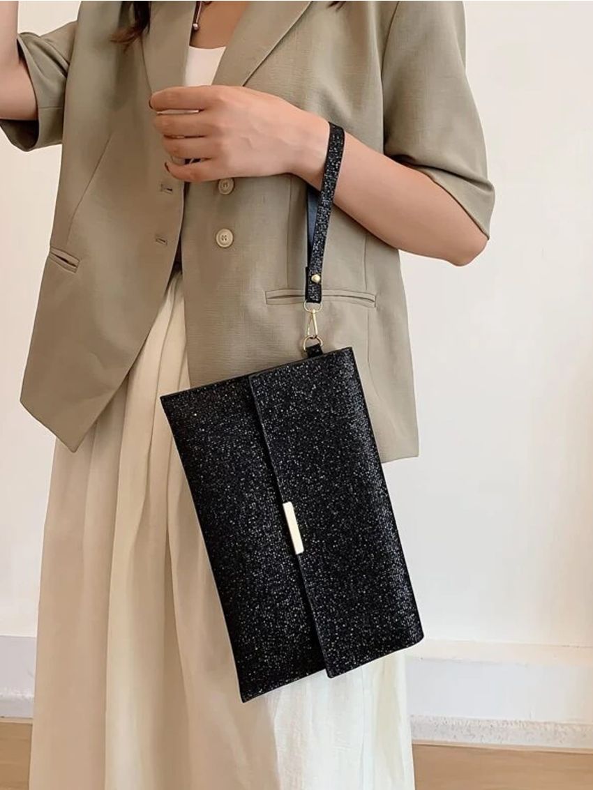 Sequin Metal Decor Flap Envelope Bag