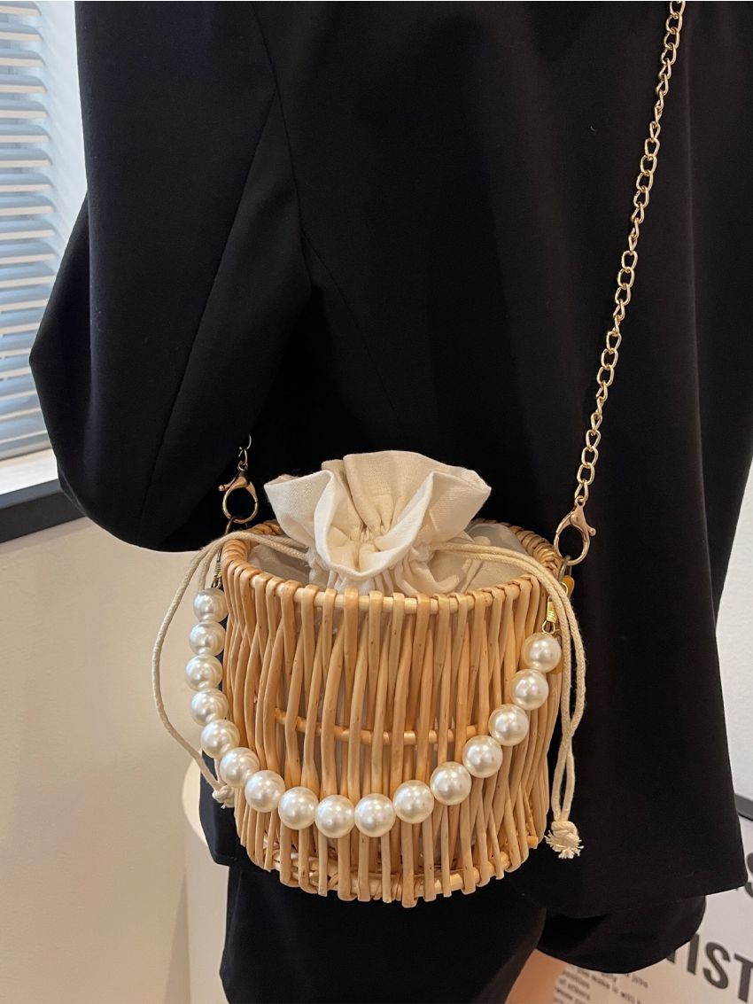 Mini Faux Pearl Decor Drawstring Design Chain Bucket Bag