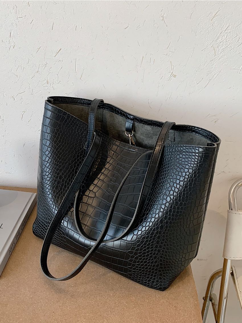 Crocodile Embossed Shoulder Tote Bag