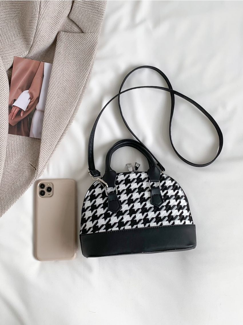 Colorblock Houndstooth Satchel Double Handle Dome Bag