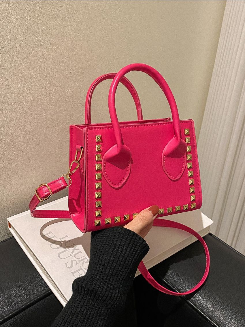 Mini Neon Pink Studded Decor Square Bag
