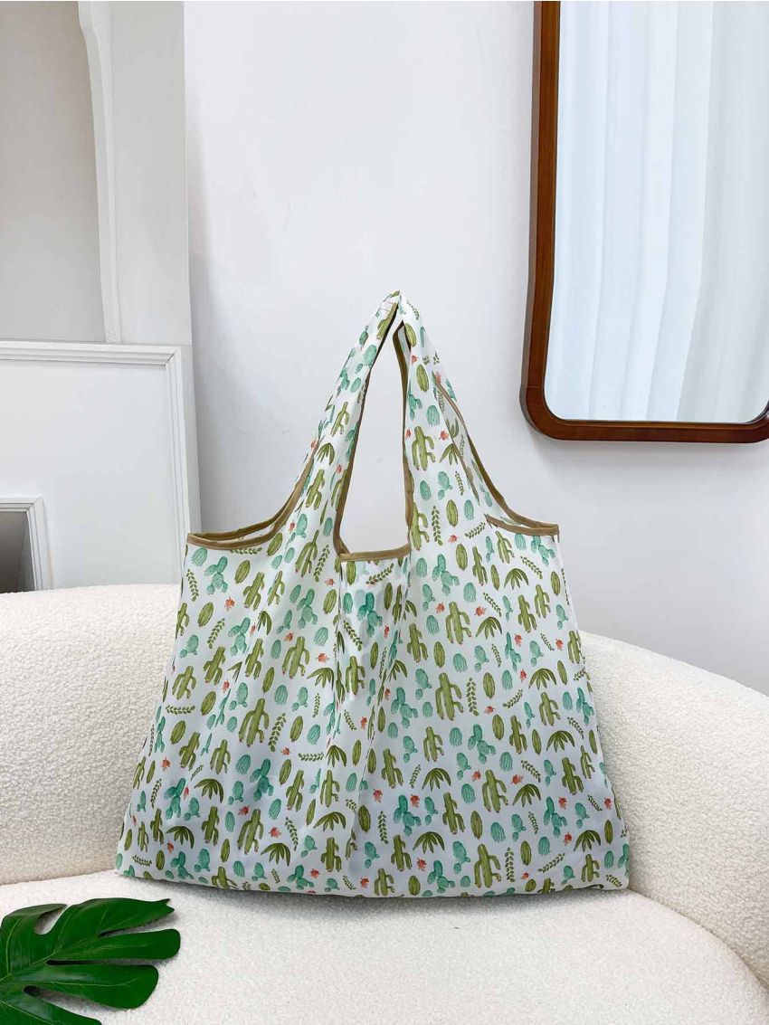 Allover Cactus Print Tote Bag, Shopping Bags, Foldable Large Capacity Contrast Binding Shoulder Bag