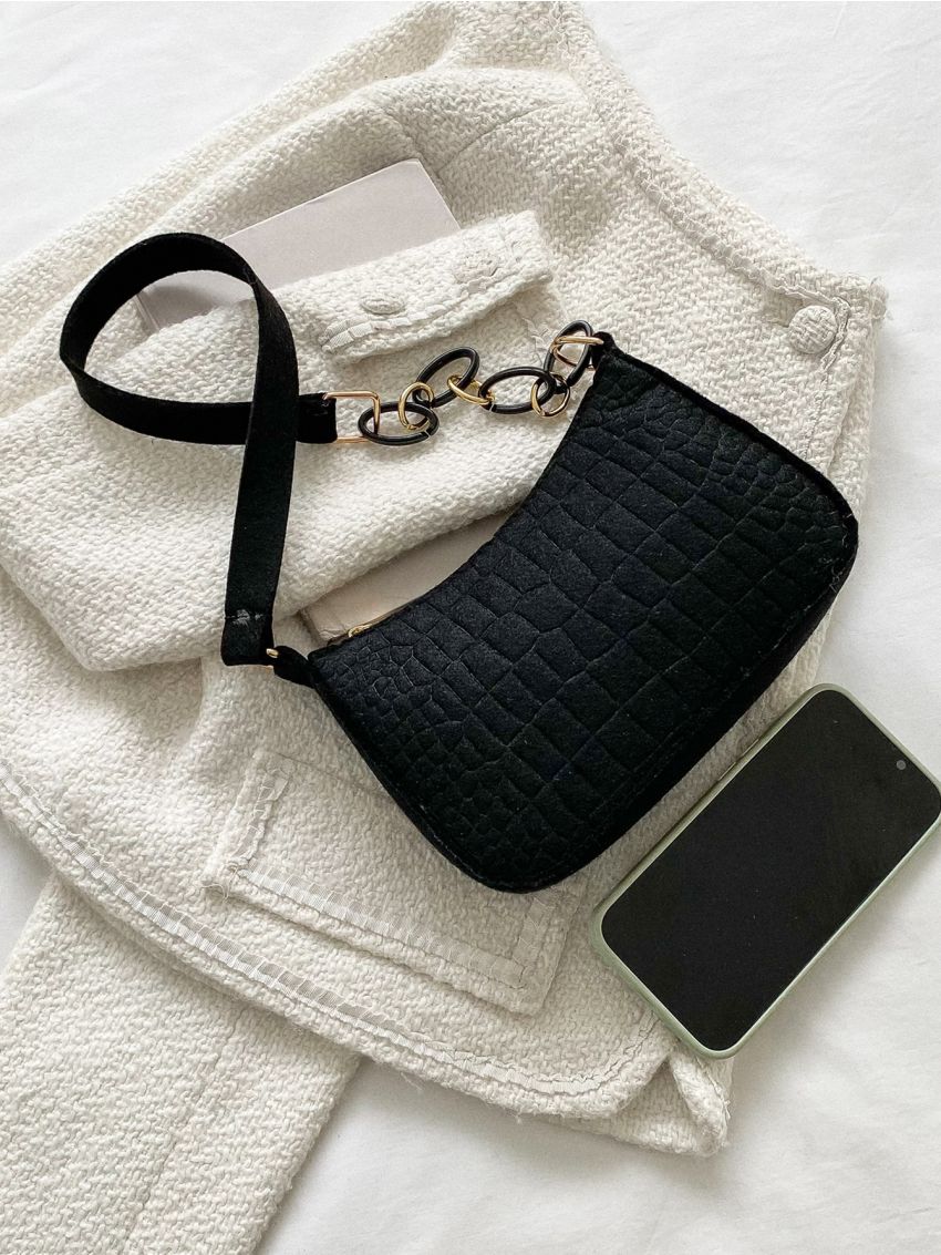 Mini Crocodile Embossed Chain Decor Baguette Bag