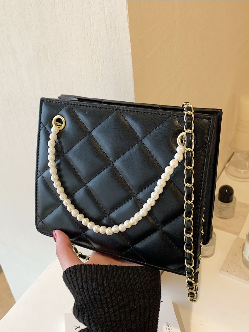 Mini Quilted Faux Pearl Decor Square Bag