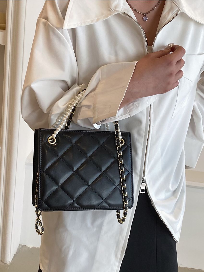 Mini Quilted Faux Pearl Decor Square Bag