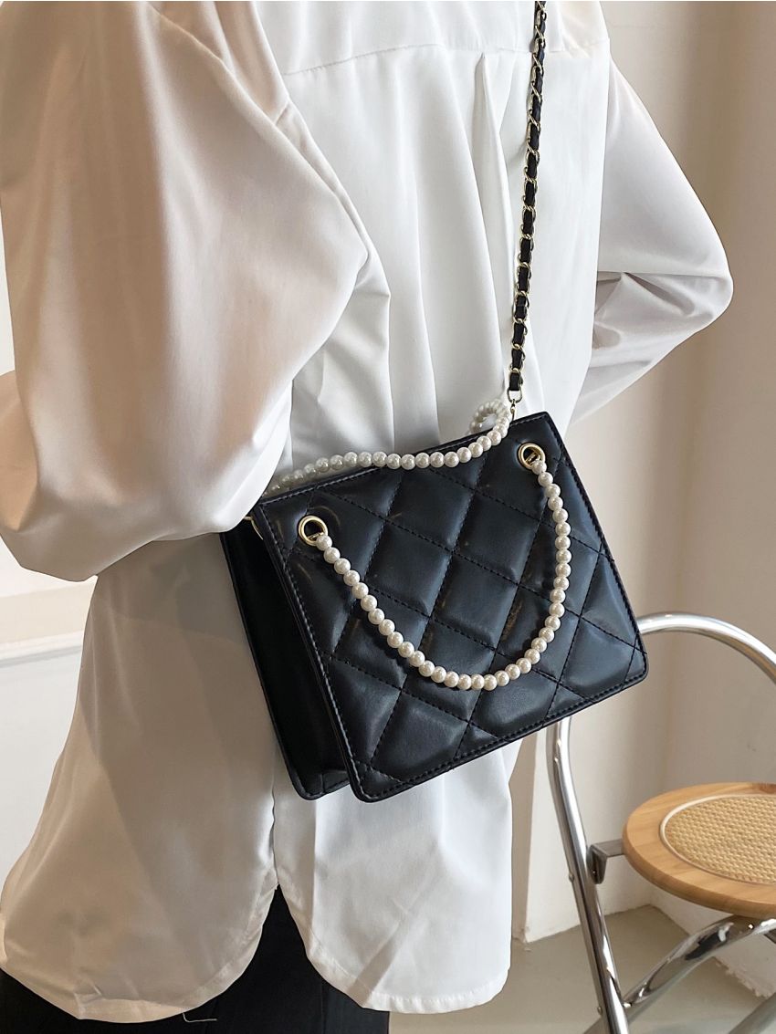 Mini Quilted Faux Pearl Decor Square Bag