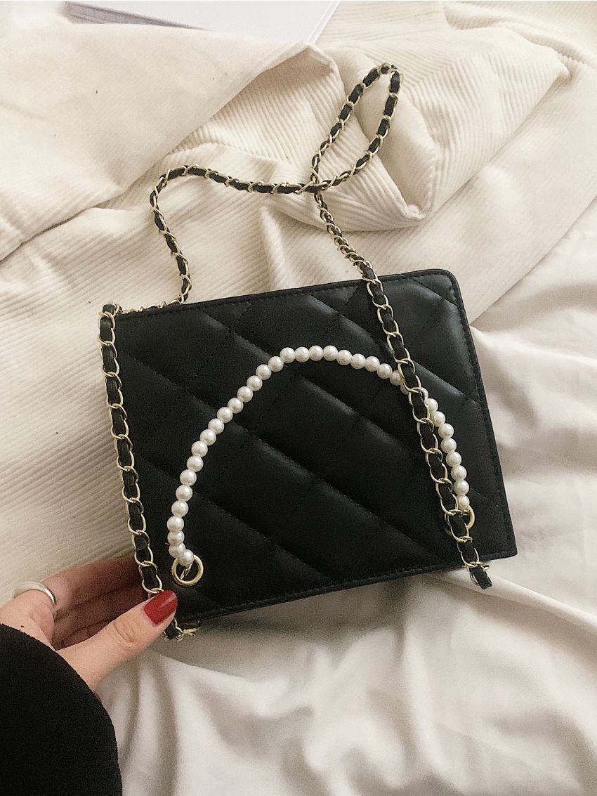 Mini Quilted Faux Pearl Decor Square Bag
