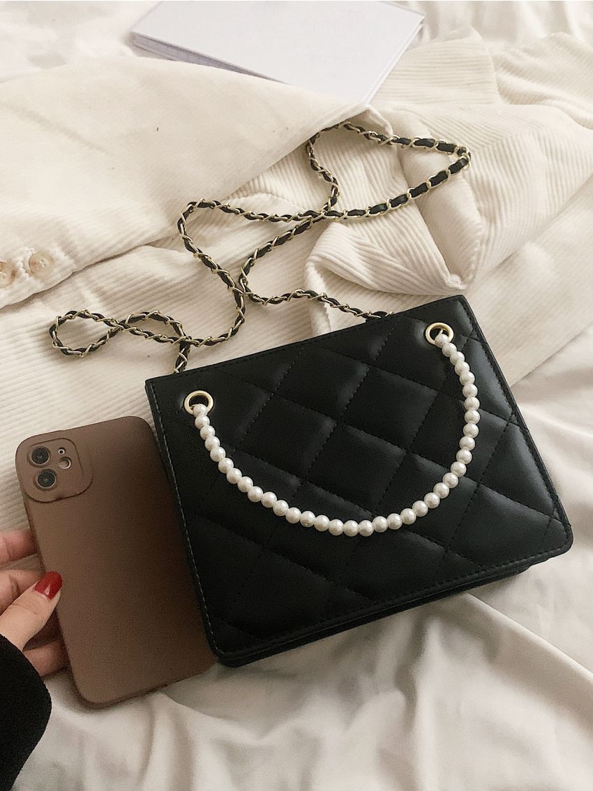 Mini Quilted Faux Pearl Decor Square Bag