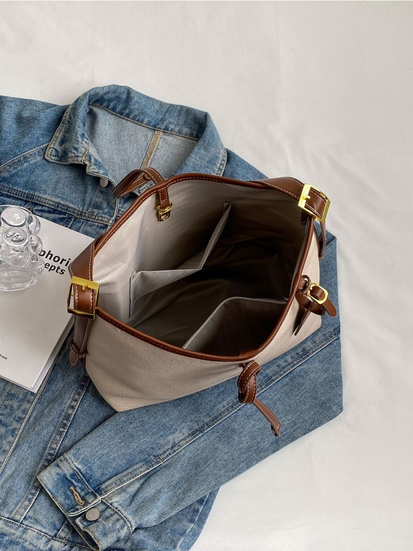 Litchi Embossed Buckle Decor Bucket Bag