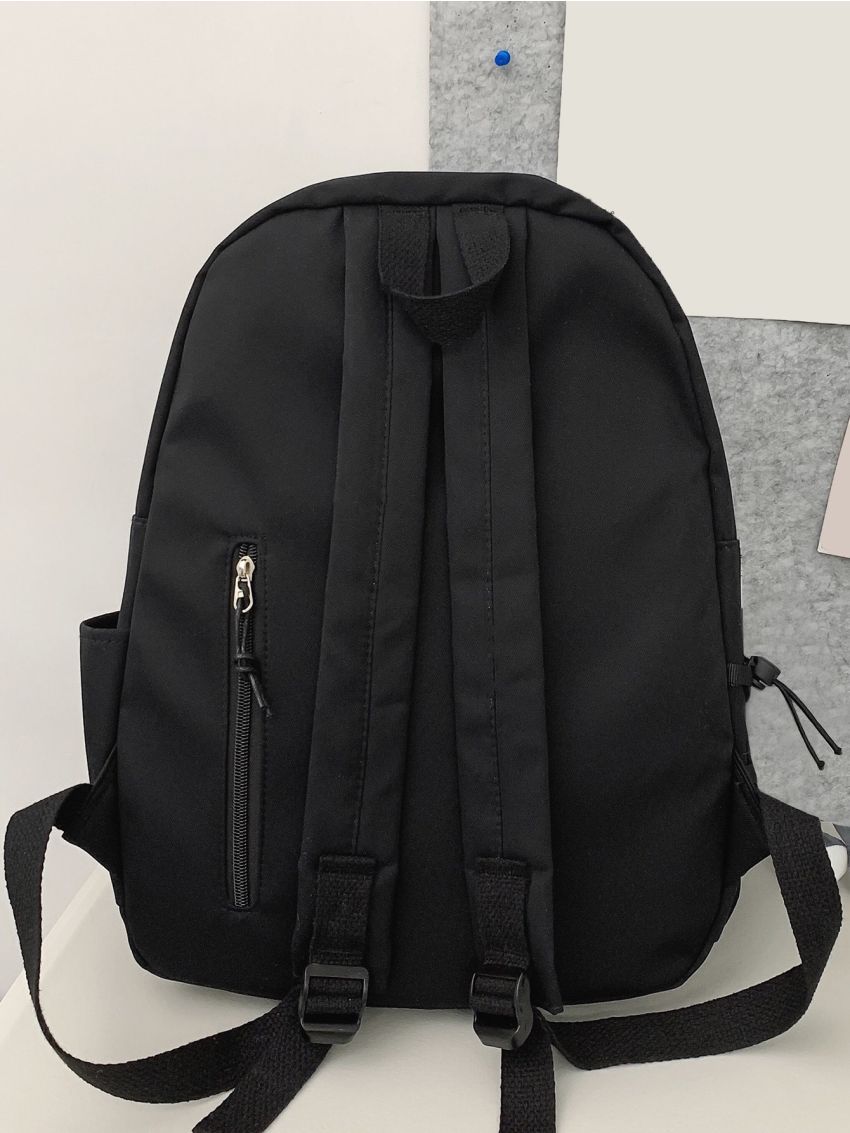 Letter Patch Classic Backpack Black Unisex Adjustable Strap For School