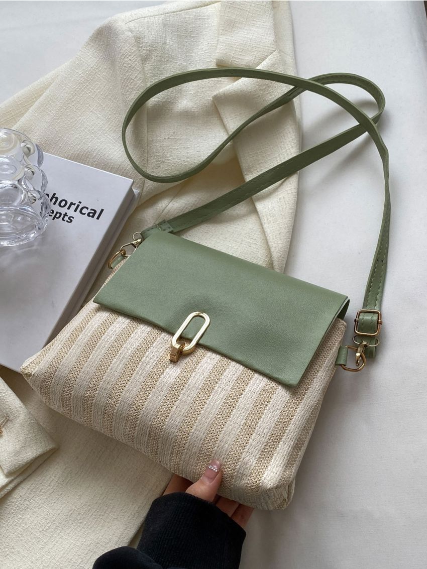 Metal Lock Flap Straw Bag