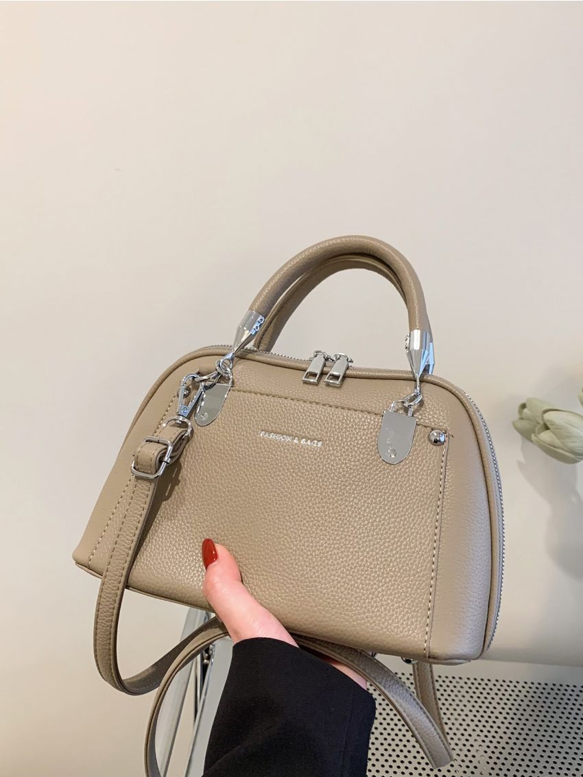 Letter Graphic Litchi Embossed Dome Bag